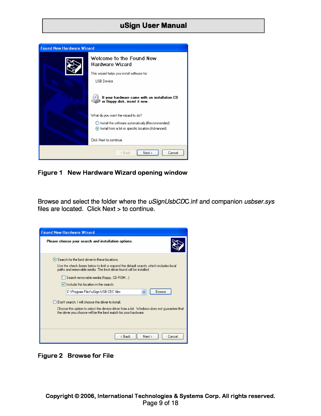 Compaq uSign 100, uSign 200 user manual Browse for File, uSignUserManual, New Hardware Wizard opening window, Page 9 of 