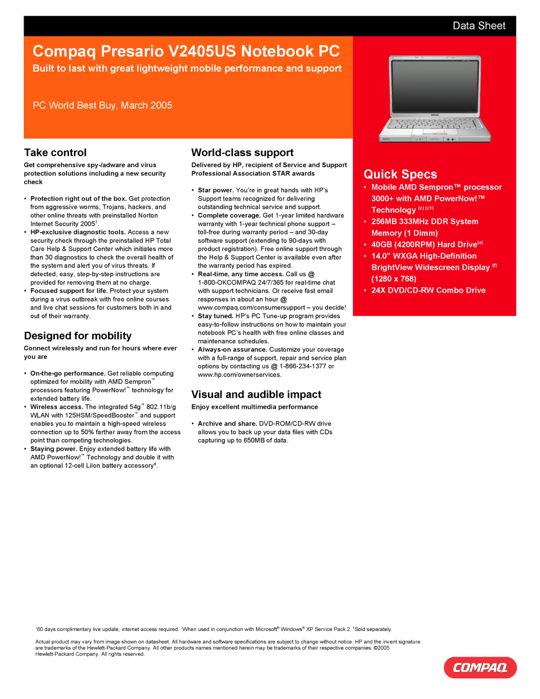 Compaq V2405US warranty Take control World-class support, Designed for mobility, Visual and audible impact 