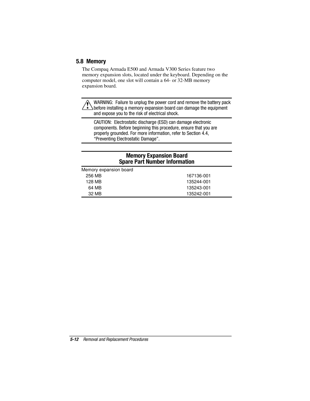 Compaq V300, E500S manual Memory, Spare Part Number Information 