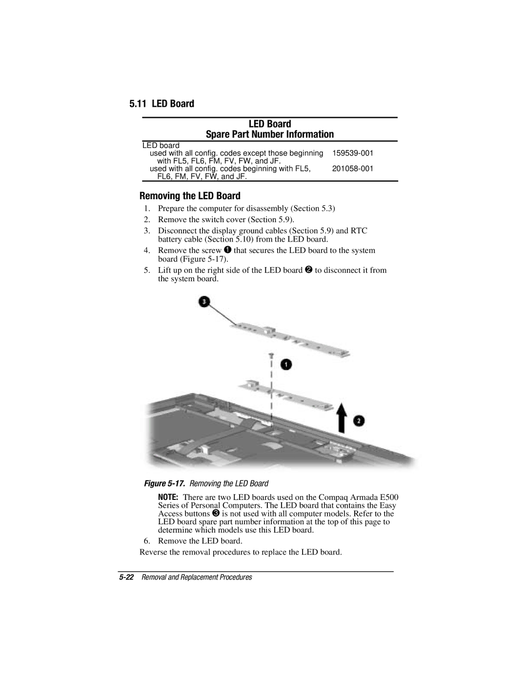 Compaq V300, E500S manual LED Board Spare Part Number Information, Removing the LED Board 