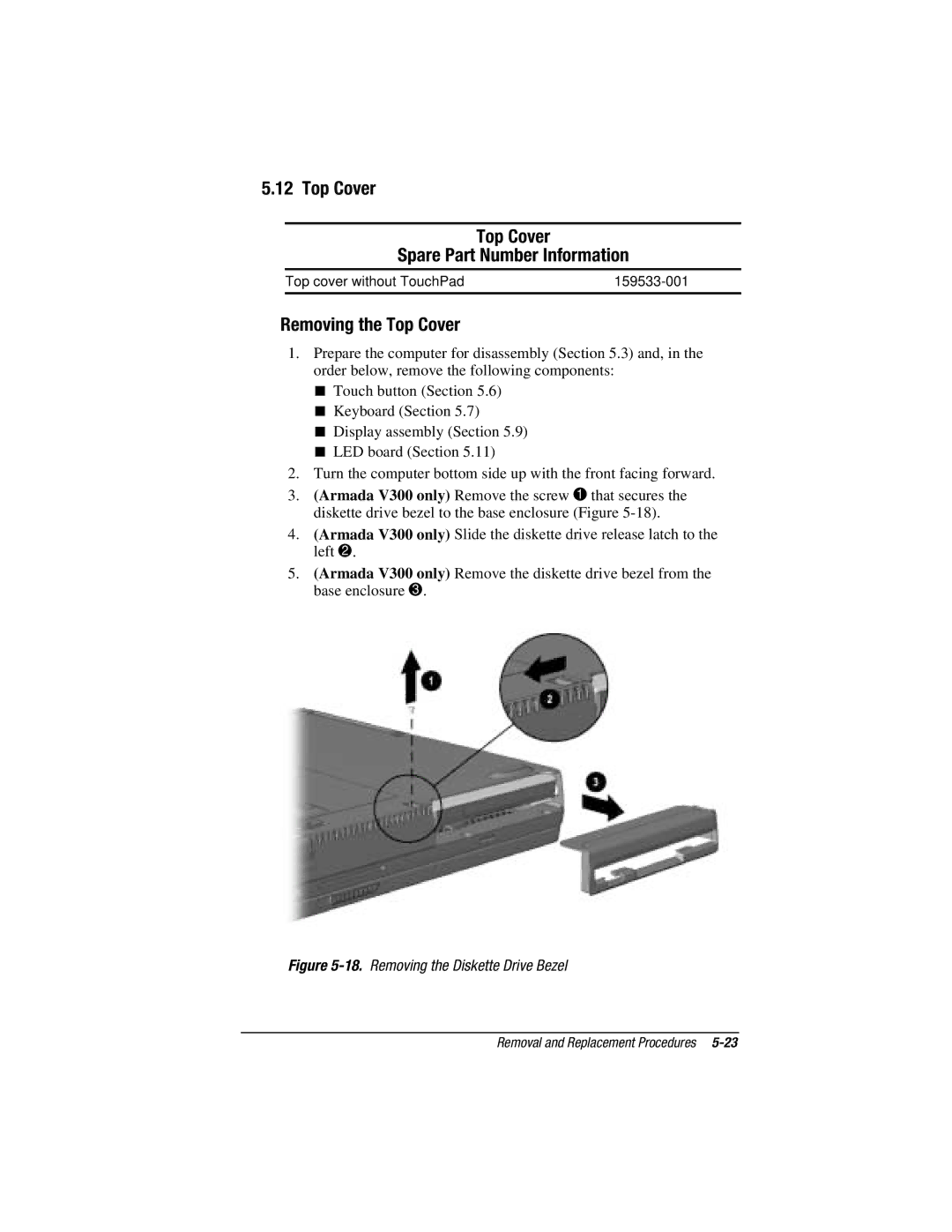 Compaq E500S, V300 manual Top Cover Spare Part Number Information, Removing the Top Cover 