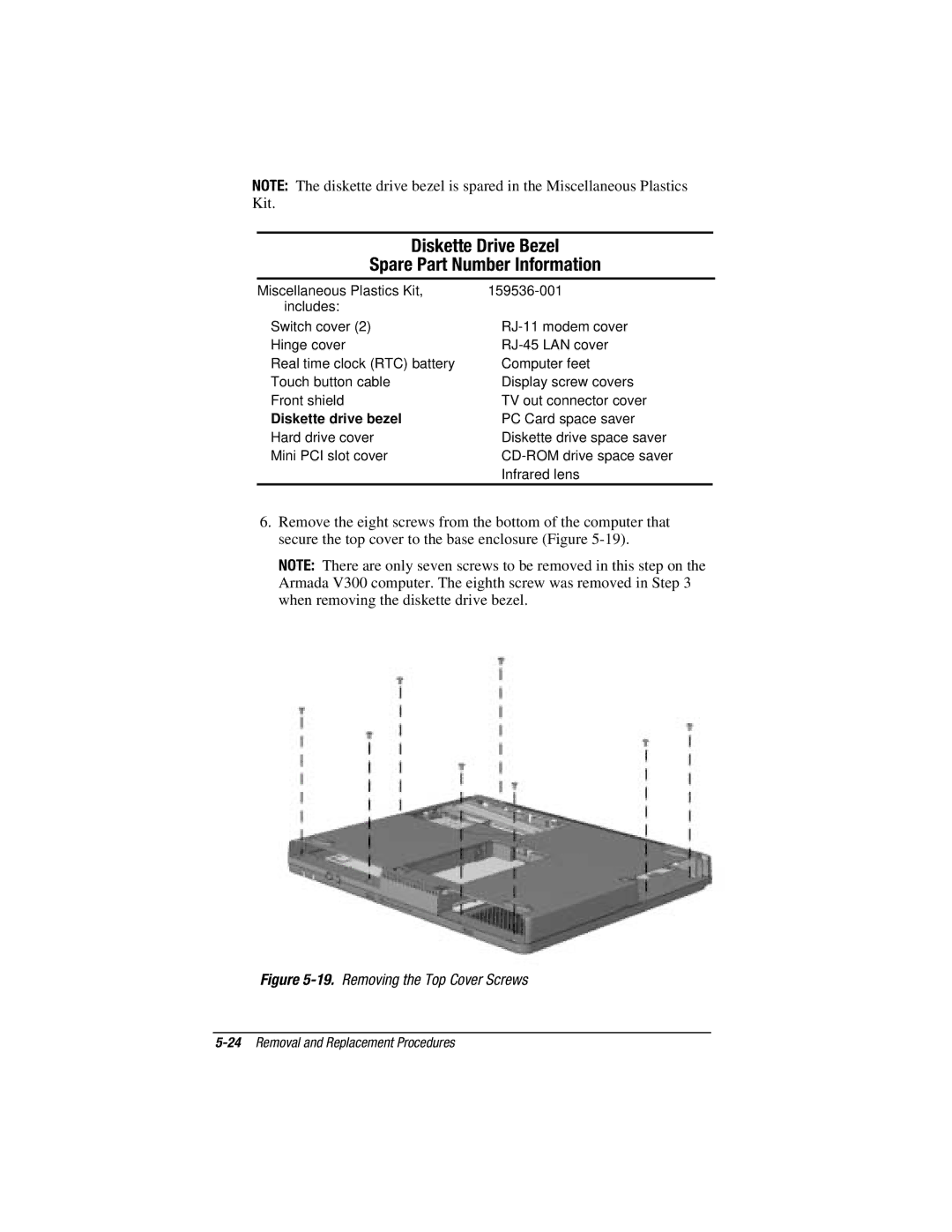 Compaq V300, E500S manual Diskette Drive Bezel Spare Part Number Information, Diskette drive bezel 