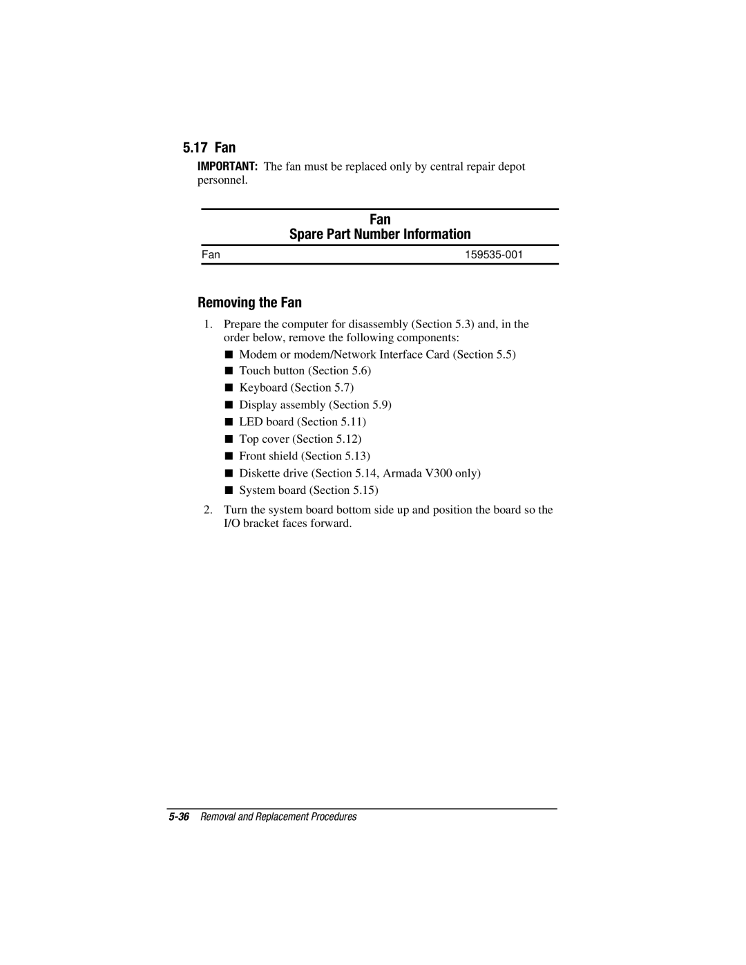 Compaq V300, E500S manual 17 Fan, Fan Spare Part Number Information, Removing the Fan 