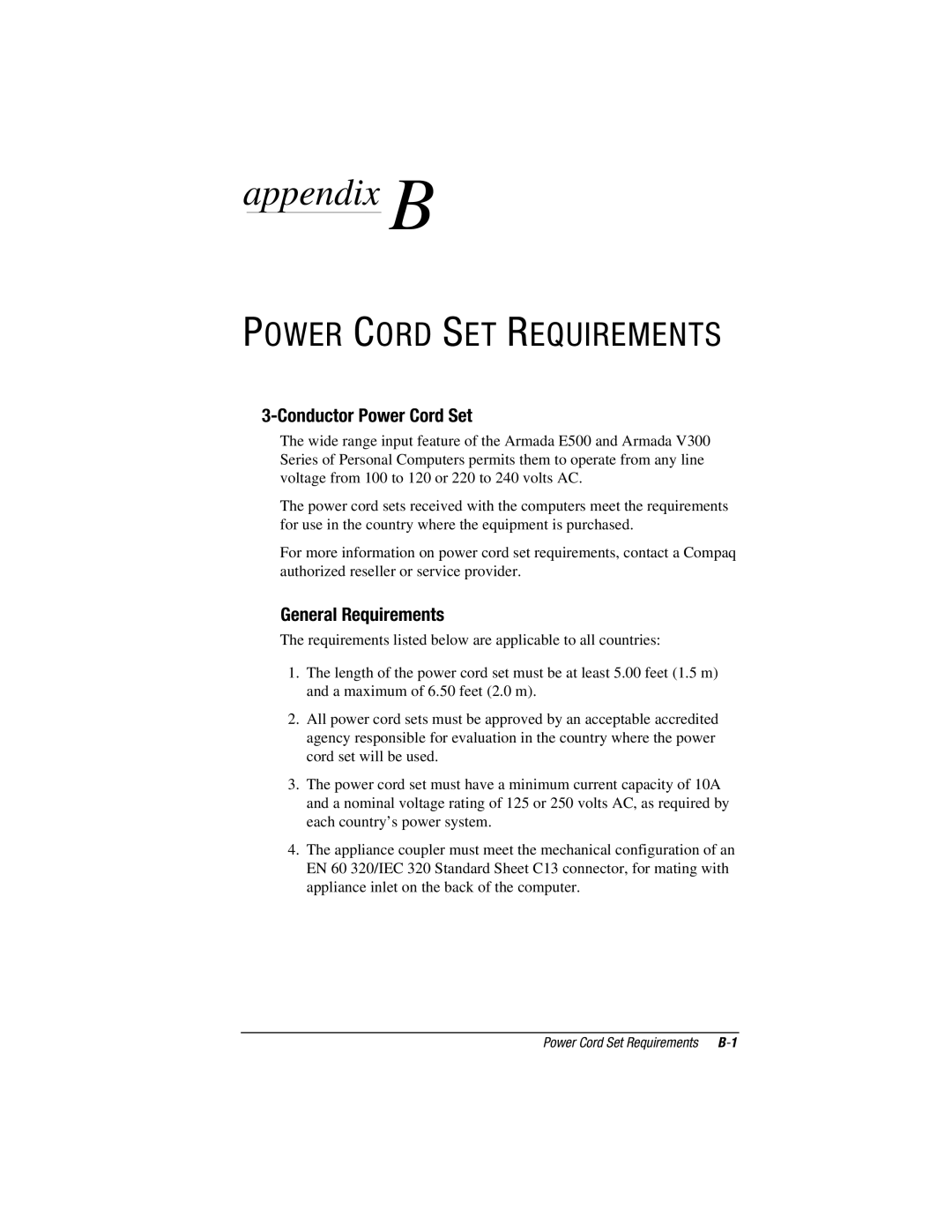 Compaq V300, E500S manual Conductor Power Cord Set, General Requirements 