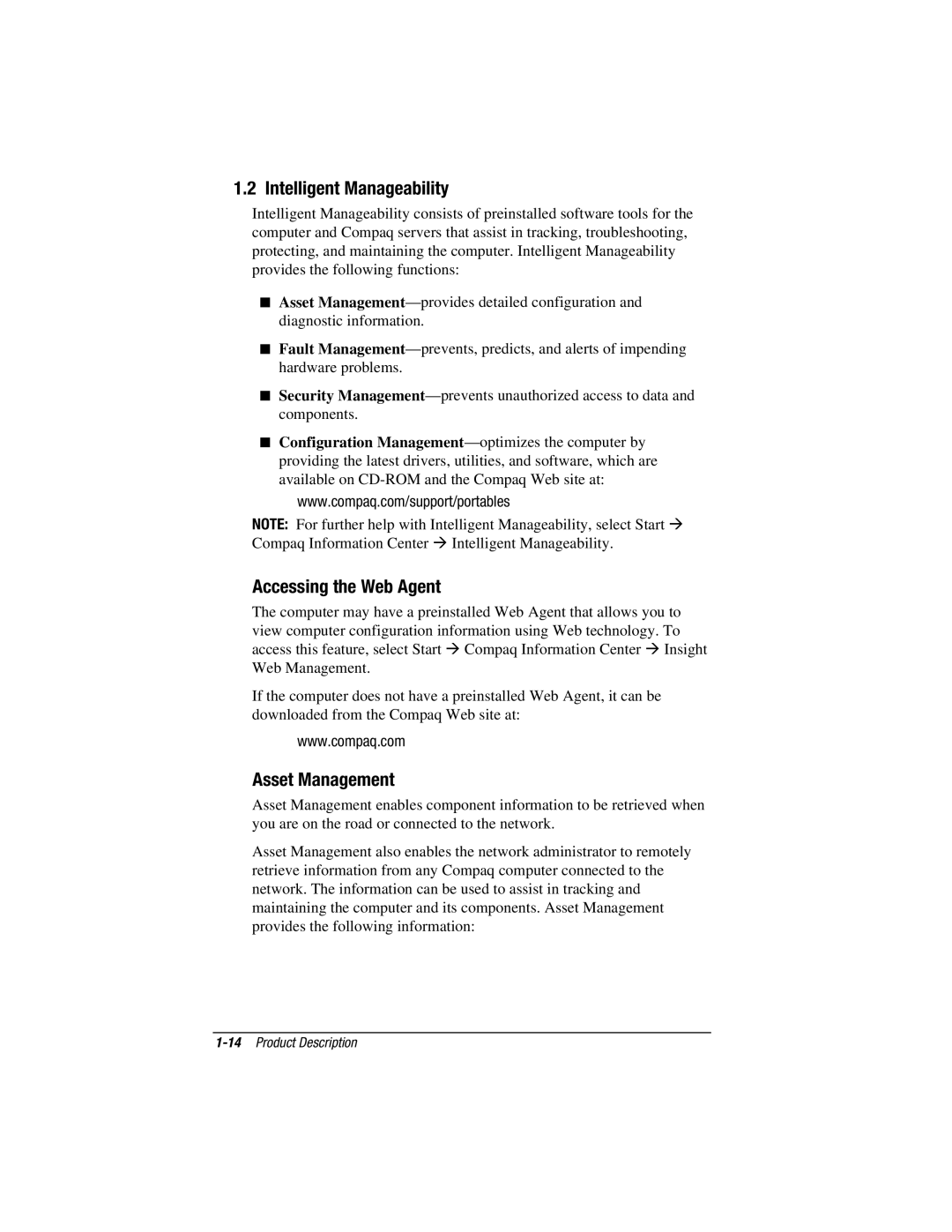 Compaq E500S, V300 manual Intelligent Manageability, Accessing the Web Agent, Asset Management 
