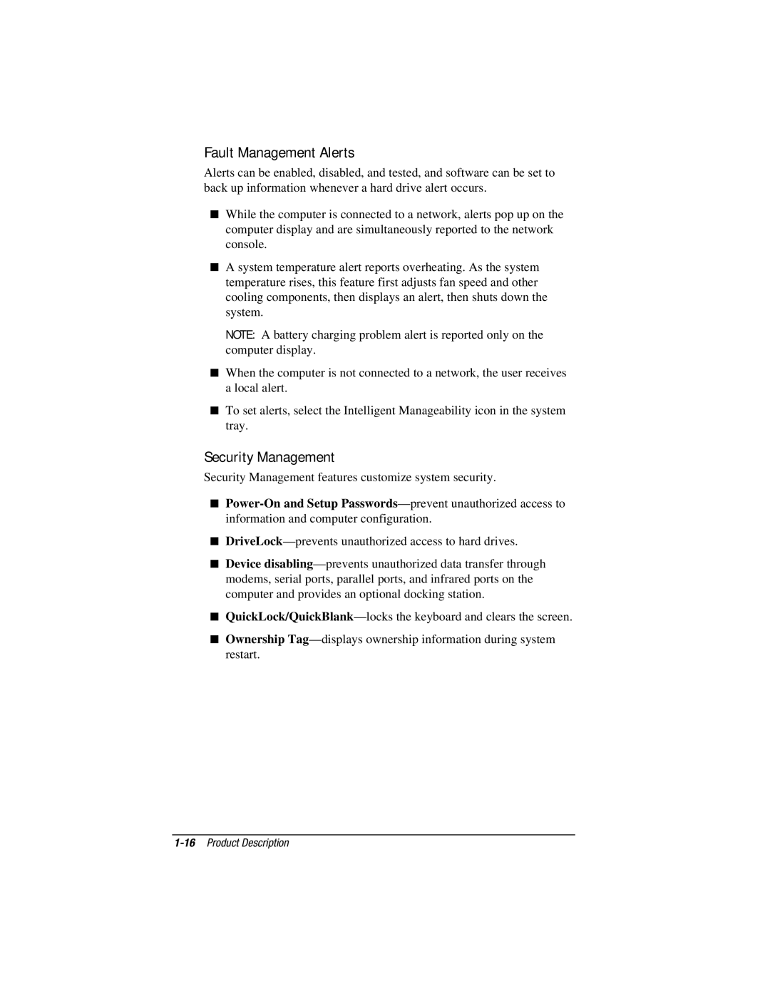 Compaq E500S, V300 manual Fault Management Alerts, Security Management 