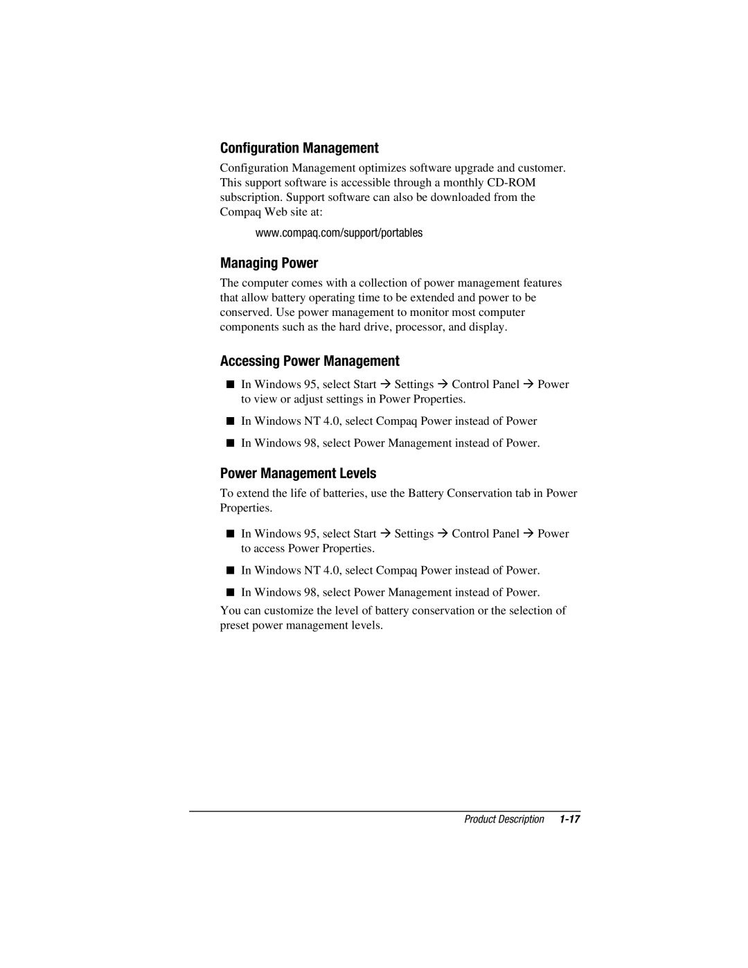 Compaq V300, E500S manual Configuration Management, Managing Power, Accessing Power Management, Power Management Levels 