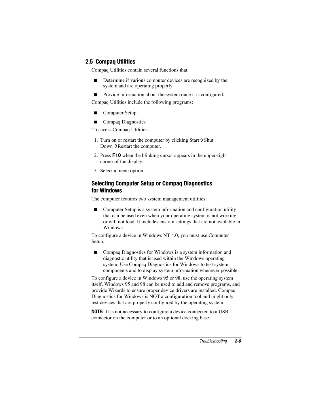 Compaq E500S, V300 manual Compaq Utilities, Selecting Computer Setup or Compaq Diagnostics for Windows 