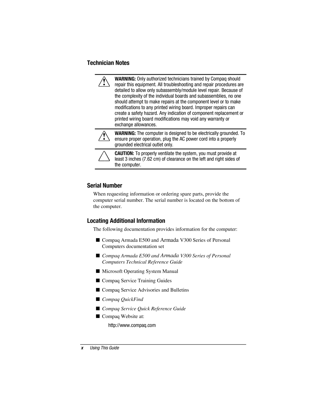 Compaq E500S, V300 manual Technician Notes, Serial Number, Locating Additional Information 