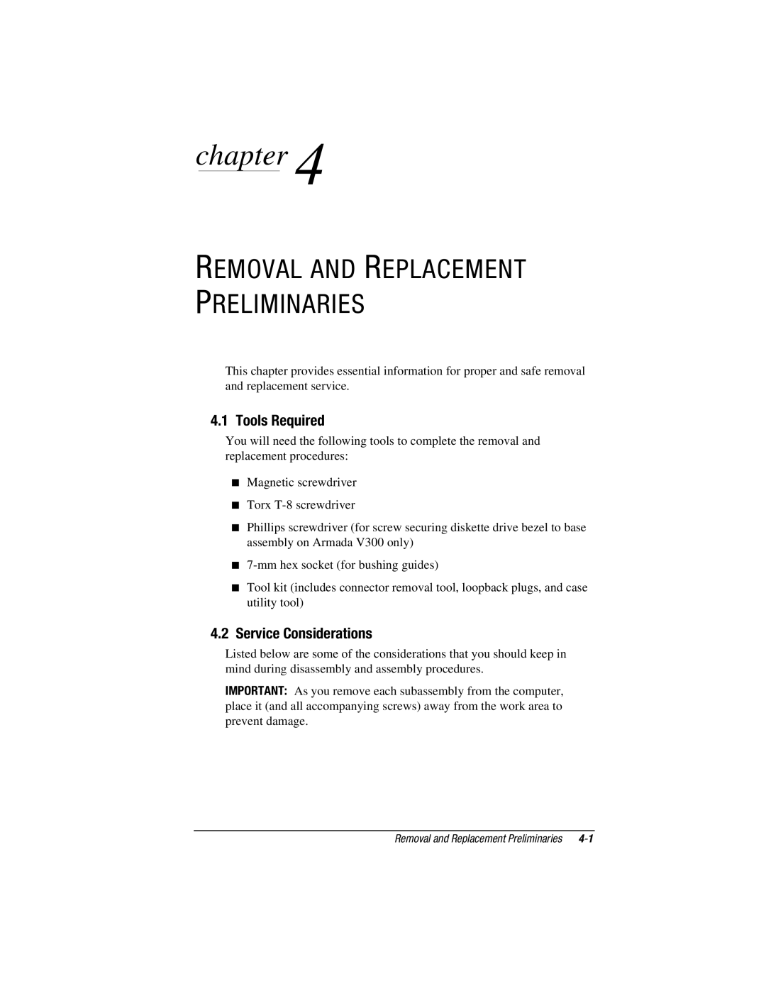 Compaq E500S, V300 manual Tools Required, Service Considerations 