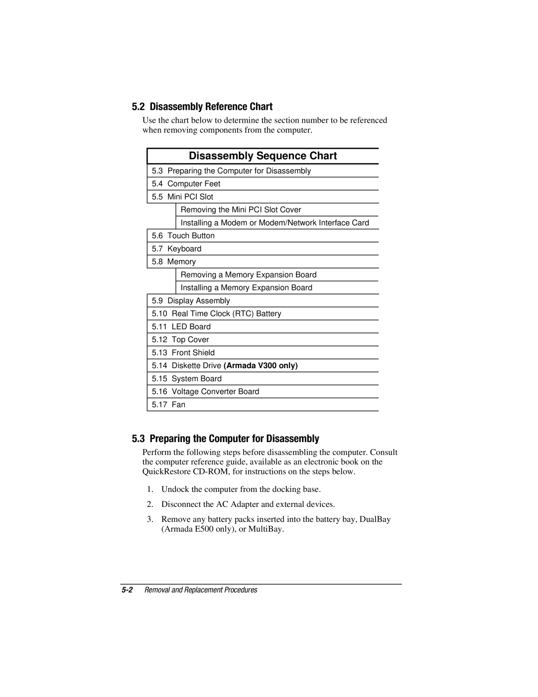 Compaq V300, E500S manual Disassembly Reference Chart, Disassembly Sequence Chart, Preparing the Computer for Disassembly 