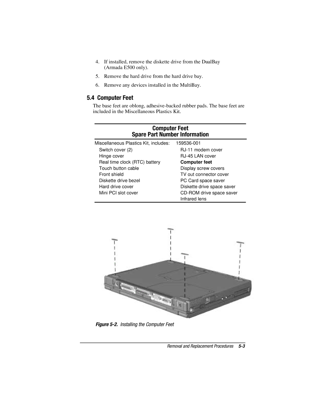 Compaq E500S, V300 manual Computer Feet Spare Part Number Information, Computer feet 