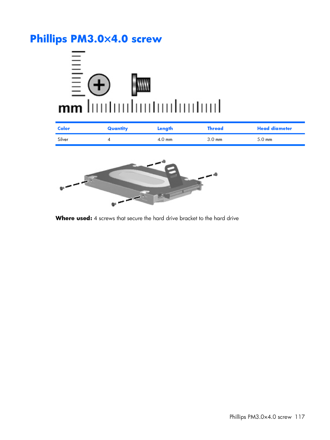 Compaq V3500 manual Phillips PM3.0×4.0 screw, Color Quantity Length Thread Head diameter Silver 