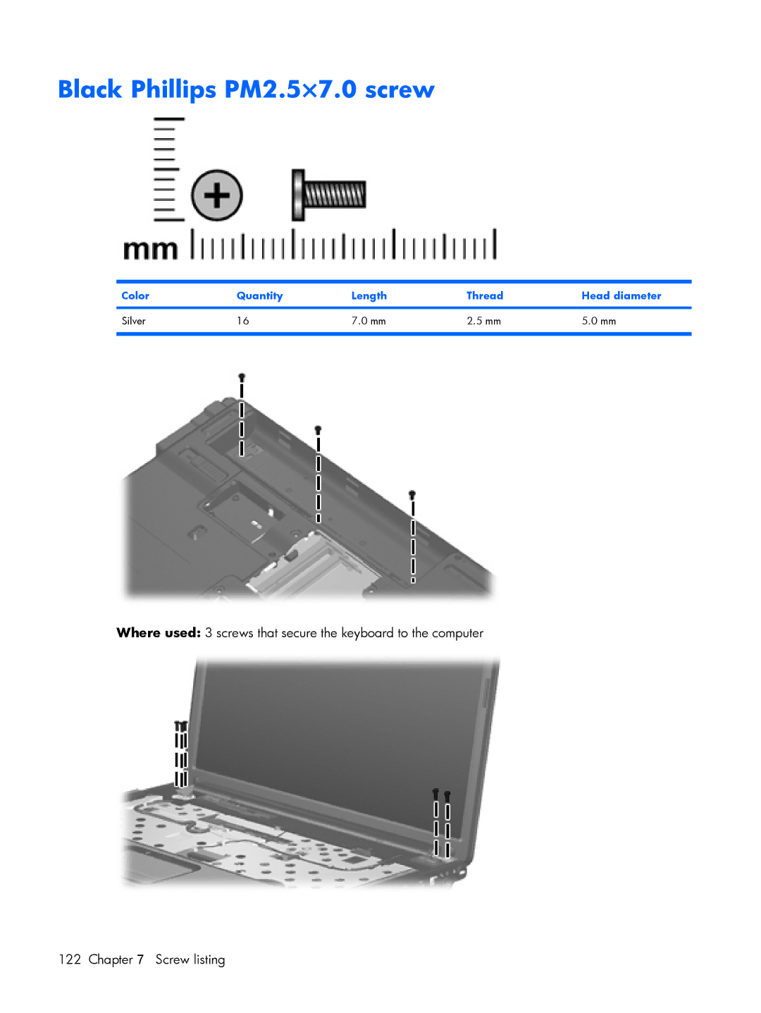 Compaq V3500 manual Black Phillips PM2.5×7.0 screw, Color Quantity Length Thread Head diameter Silver 