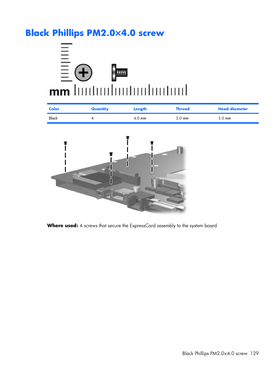 Compaq V3500 manual Black Phillips PM2.0×4.0 screw, Color Quantity Length Thread Head diameter Black 