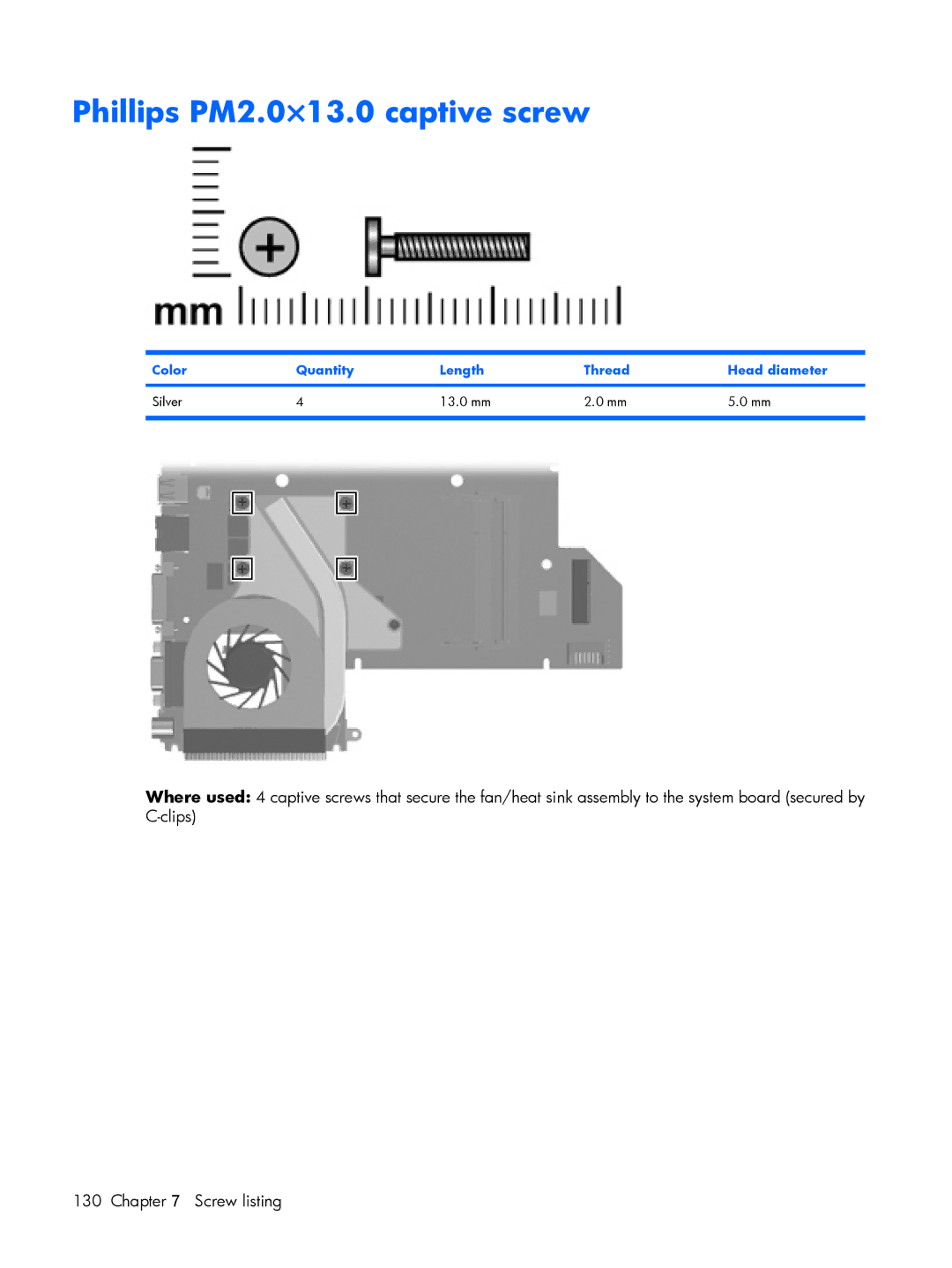 Compaq V3500 manual Phillips PM2.0×13.0 captive screw, Color Quantity Length Thread Head diameter Silver 13.0 mm 