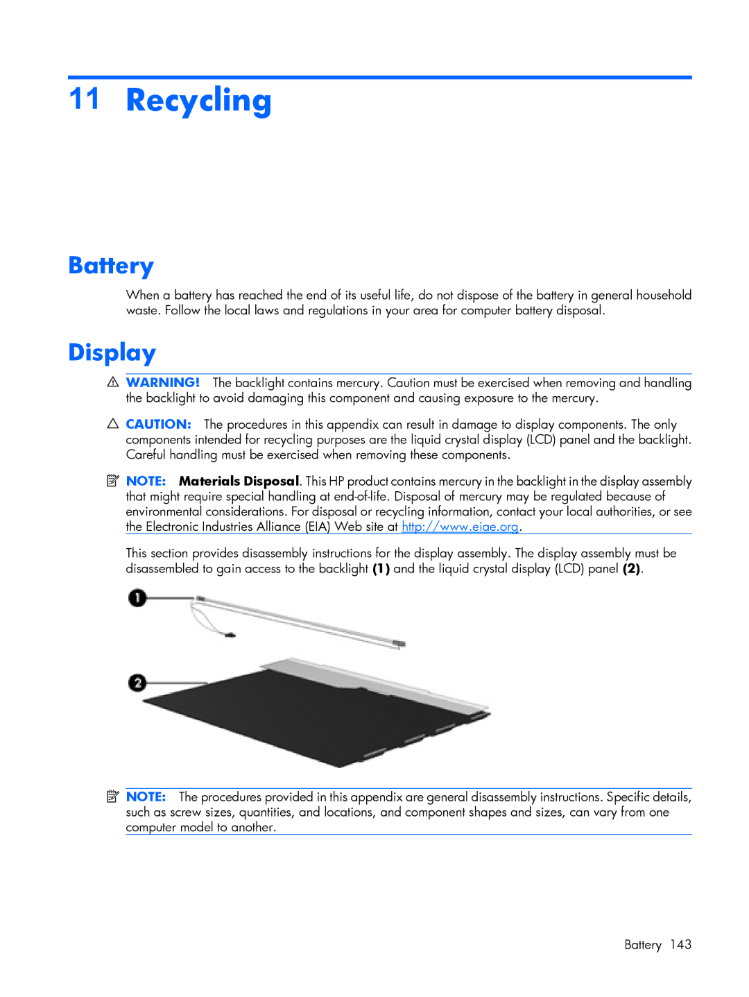 Compaq V3500 manual Recycling, Battery, Display 