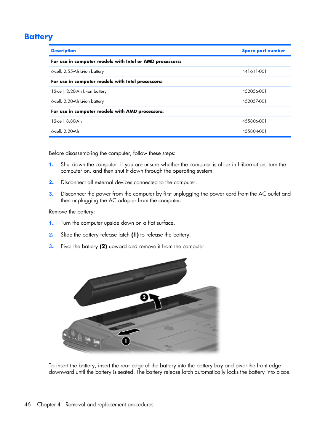 Compaq V3500 manual Battery, For use in computer models with Intel or AMD processors 