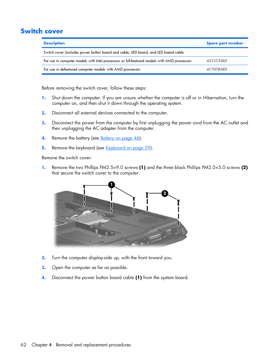 Compaq V3500 manual Switch cover, Description Spare part number 