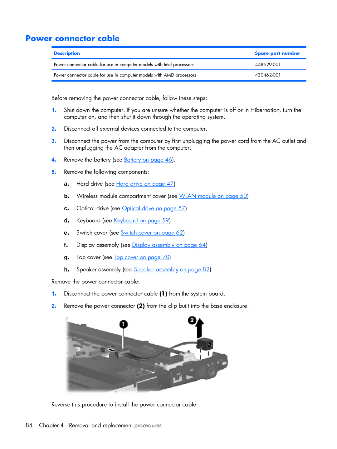 Compaq V3500 manual Power connector cable, Description Spare part number 