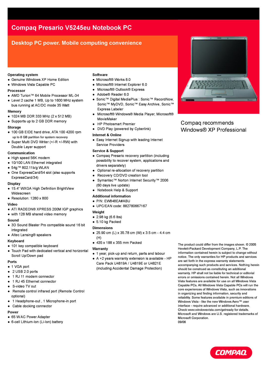 Compaq V5245eu warranty Operating system, Processor, Memory, Storage, Communication, Display, Video, Sound, Keyboard 