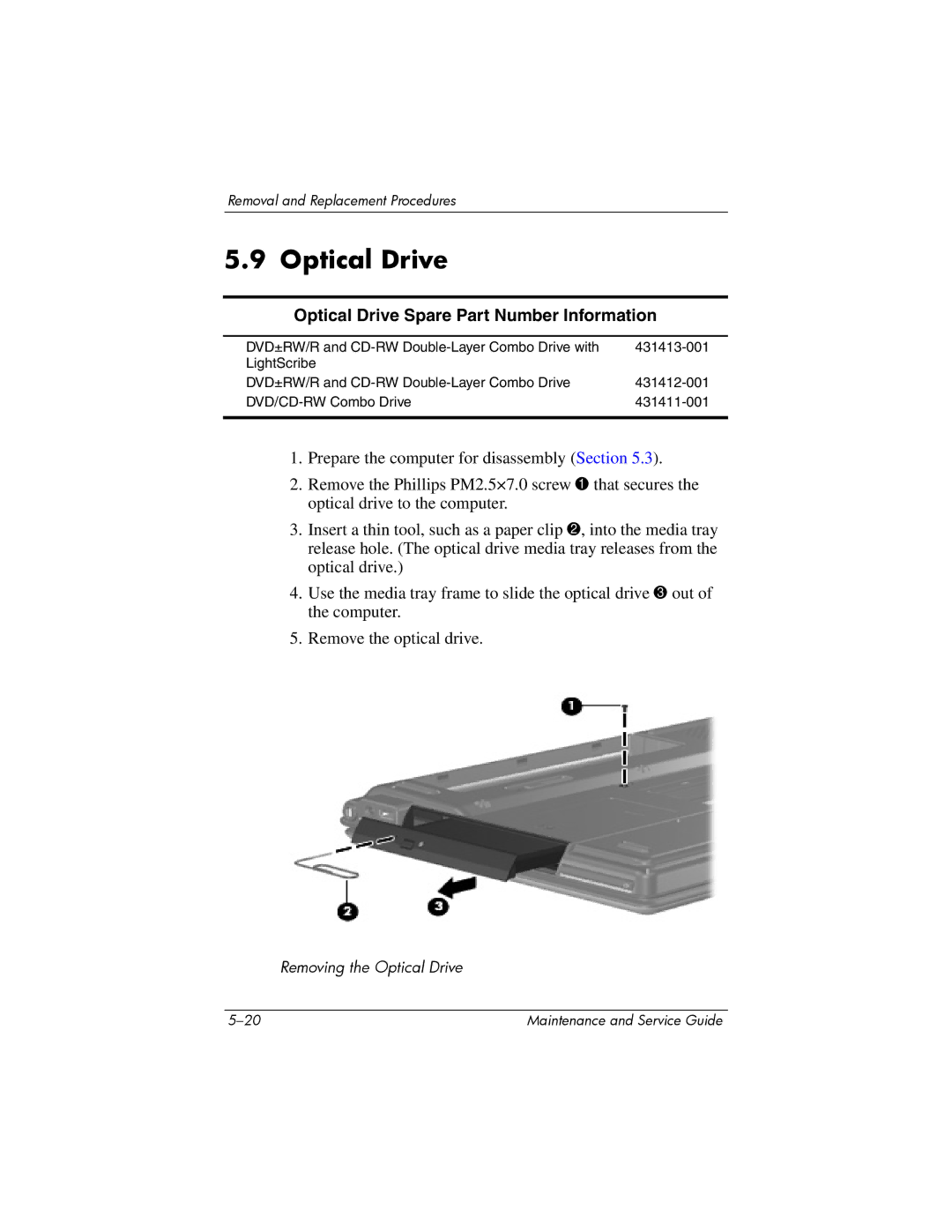 Compaq V6000 manual Optical Drive Spare Part Number Information 