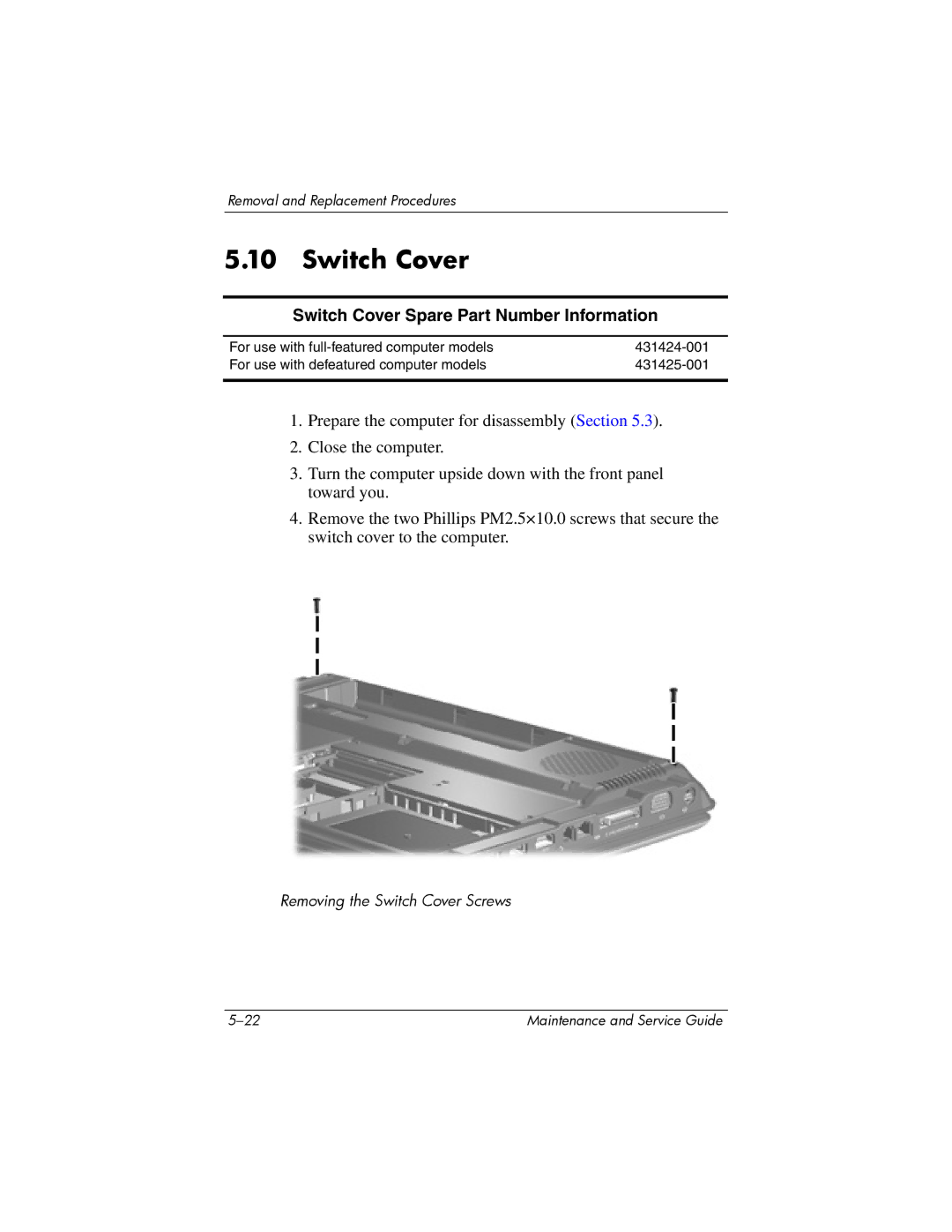 Compaq V6000 manual Switch Cover Spare Part Number Information 