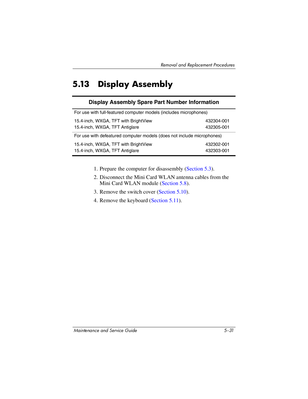 Compaq V6000 manual Display Assembly Spare Part Number Information 