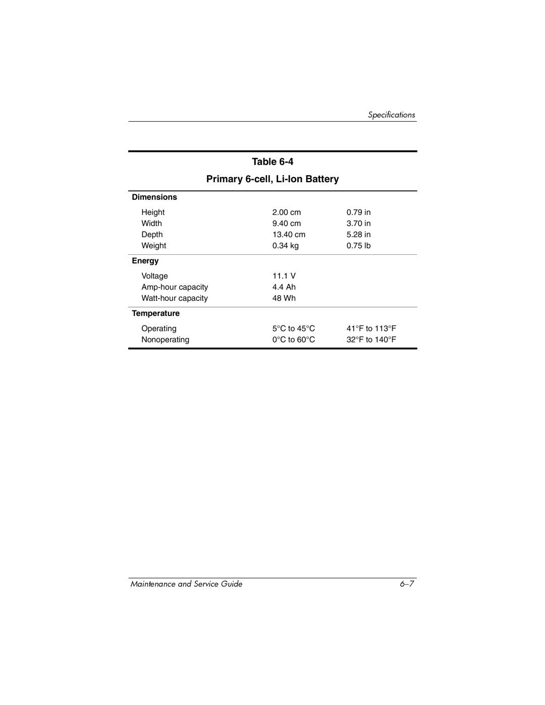 Compaq V6000 manual Primary 6-cell, Li-Ion Battery, Energy 