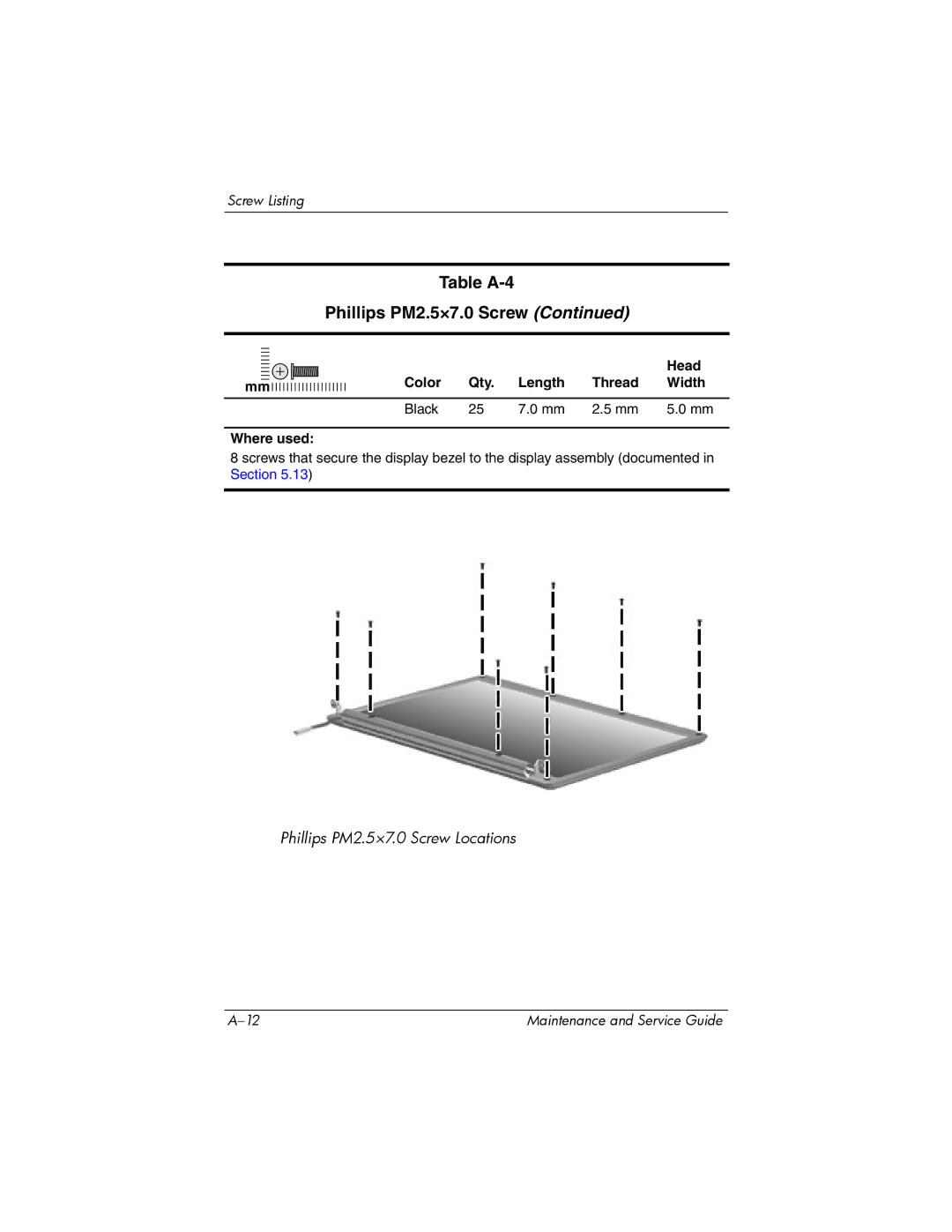 Compaq V6000 manual Table A-4 Phillips PM2.5×7.0 Screw 