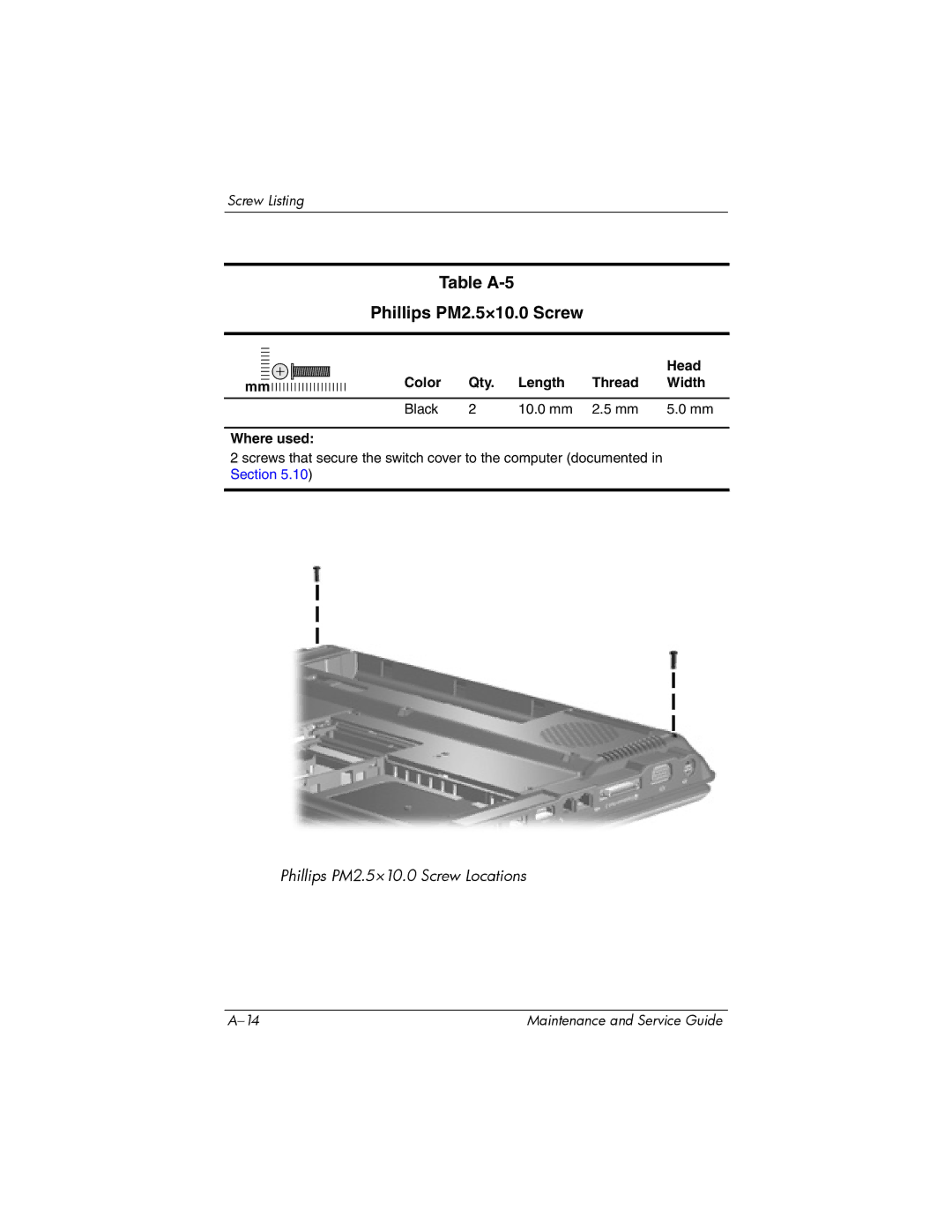 Compaq V6000 manual Table A-5 Phillips PM2.5×10.0 Screw, Color Qty Length Thread Width Black 10.0 mm Where used 