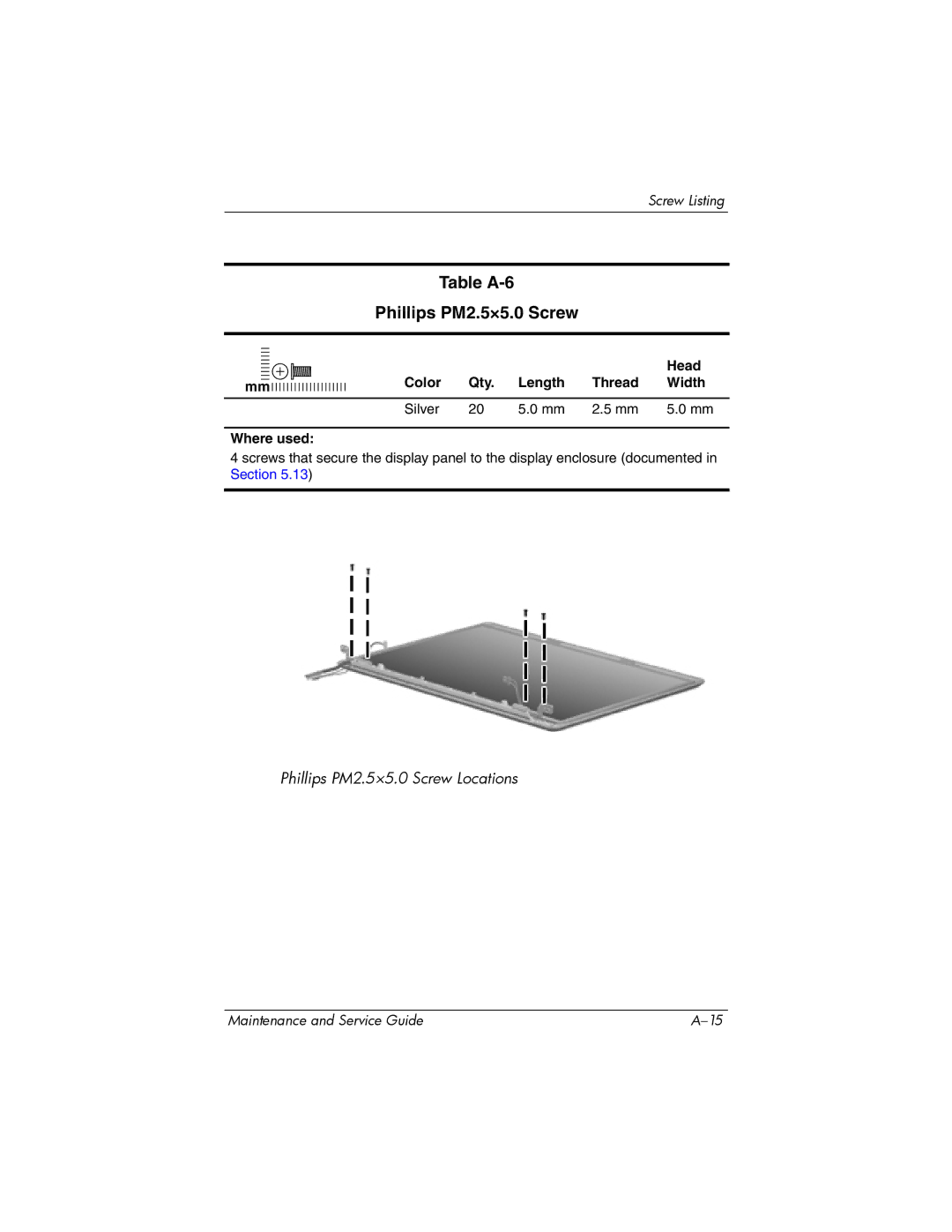 Compaq V6000 manual Table A-6 Phillips PM2.5×5.0 Screw, Color Qty Length Thread Width Silver Where used 