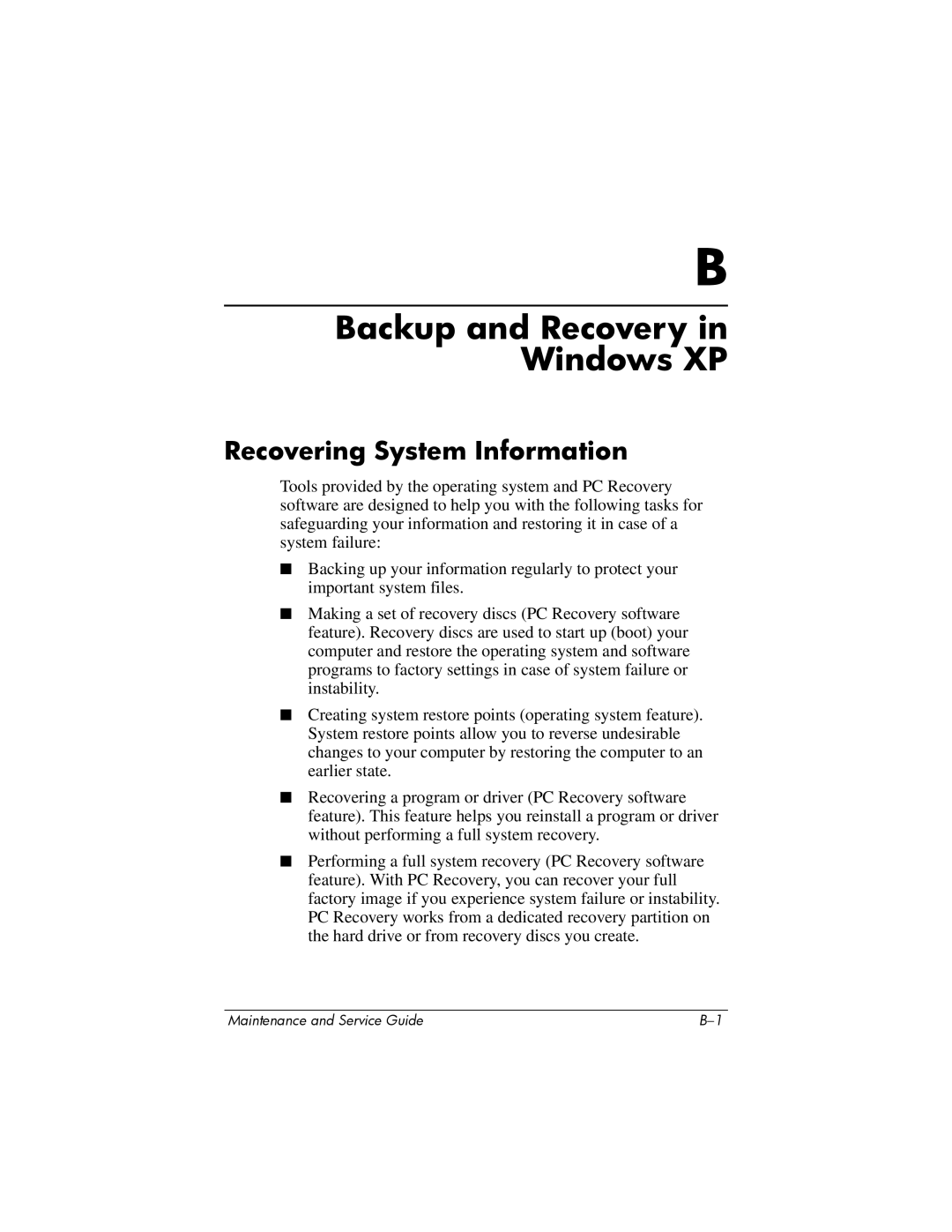 Compaq V6000 manual Backup and Recovery in Windows XP, Recovering System Information 