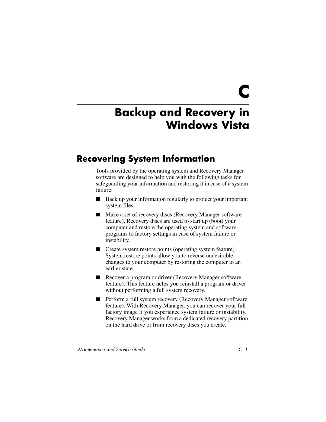 Compaq V6000 manual Backup and Recovery in Windows Vista 