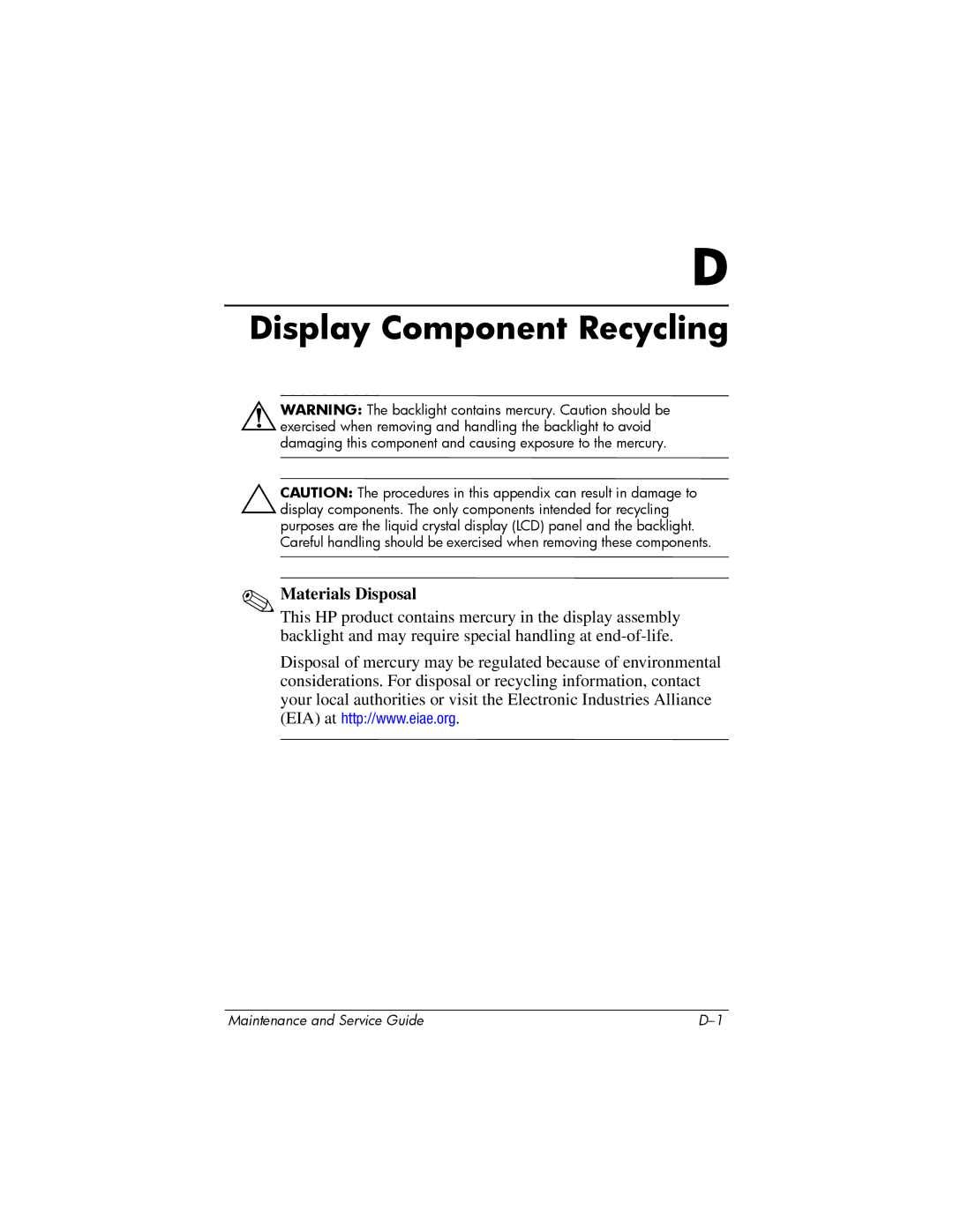 Compaq V6000 manual Display Component Recycling 