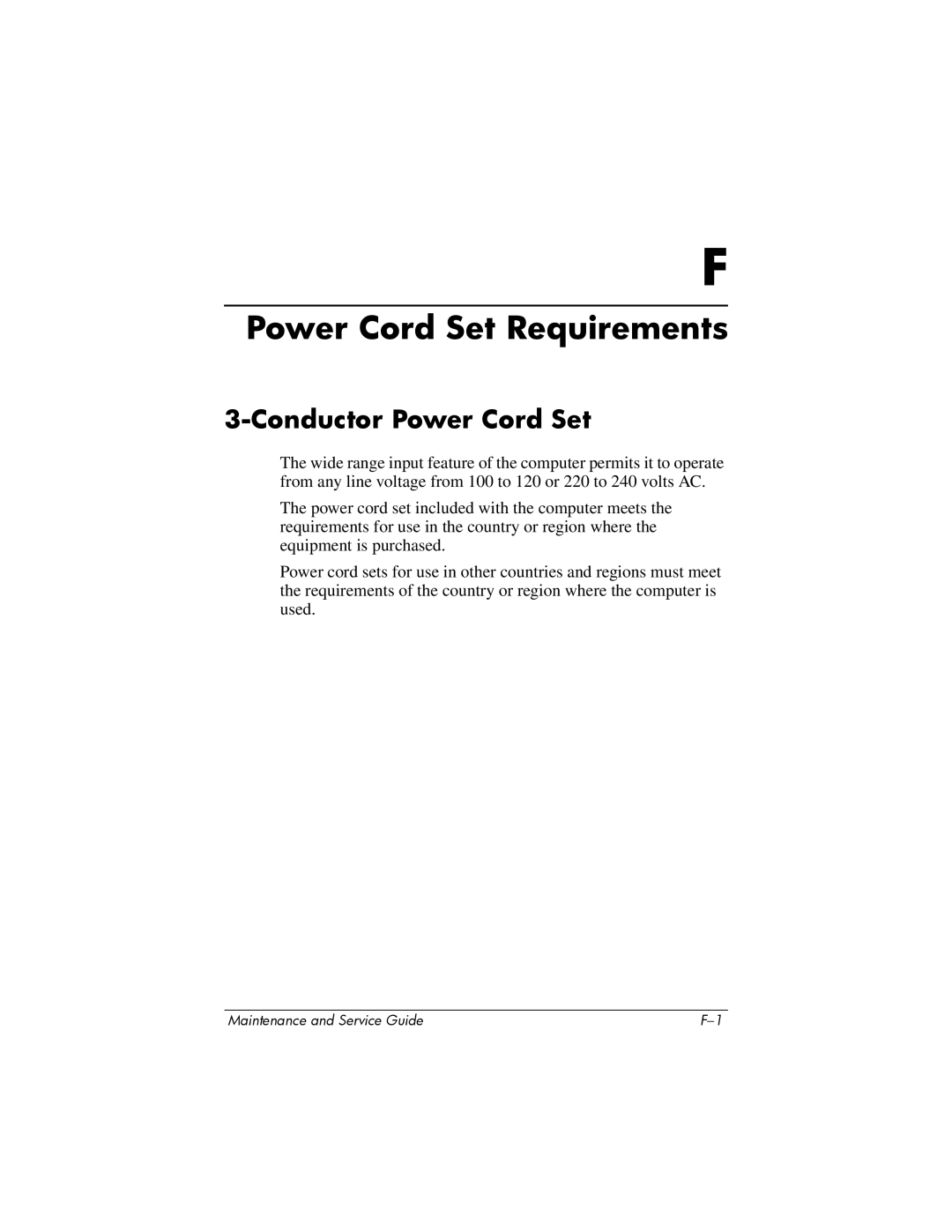 Compaq V6000 manual Power Cord Set Requirements, Conductor Power Cord Set 