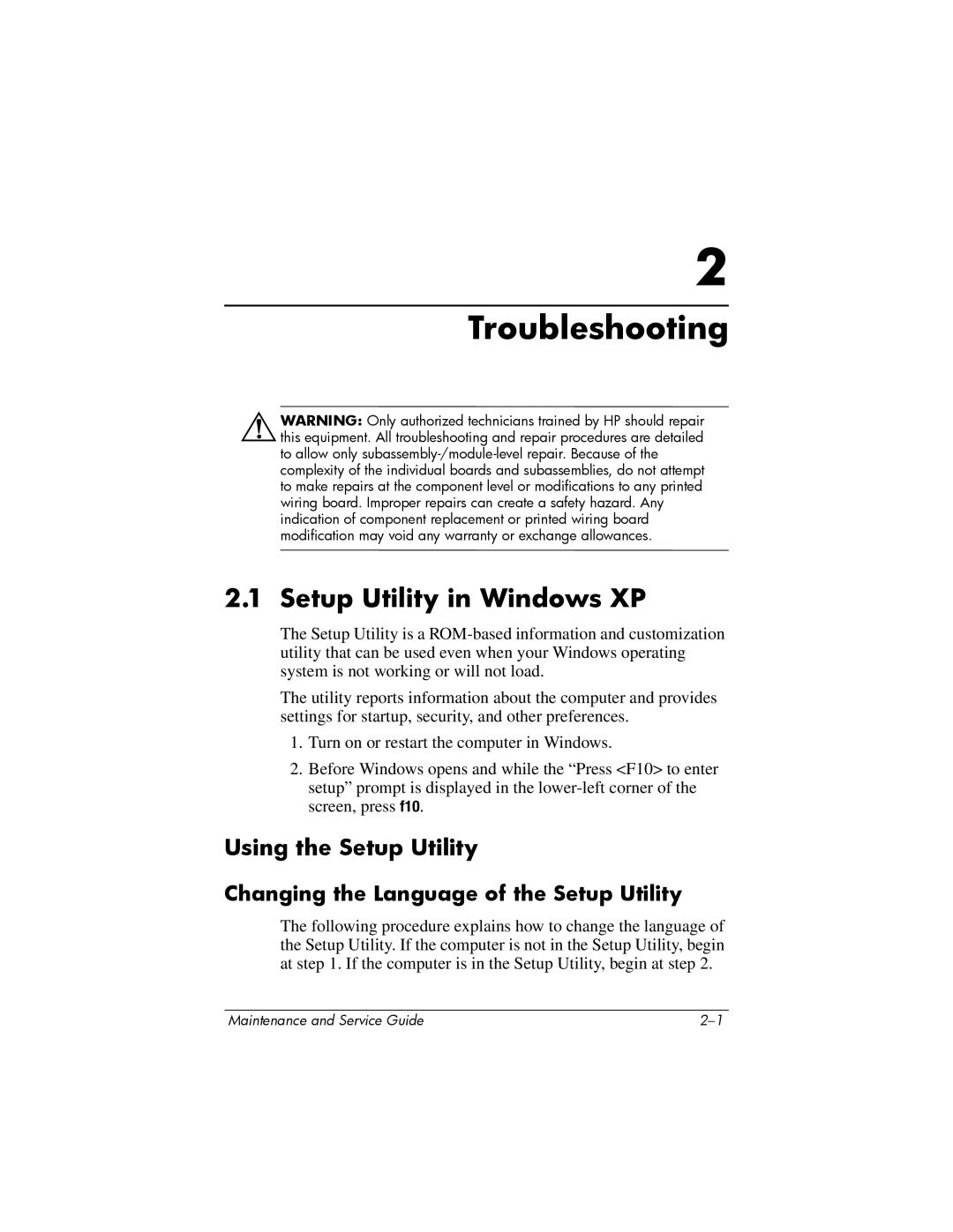 Compaq V6000 manual Setup Utility in Windows XP, Changing the Language of the Setup Utility 