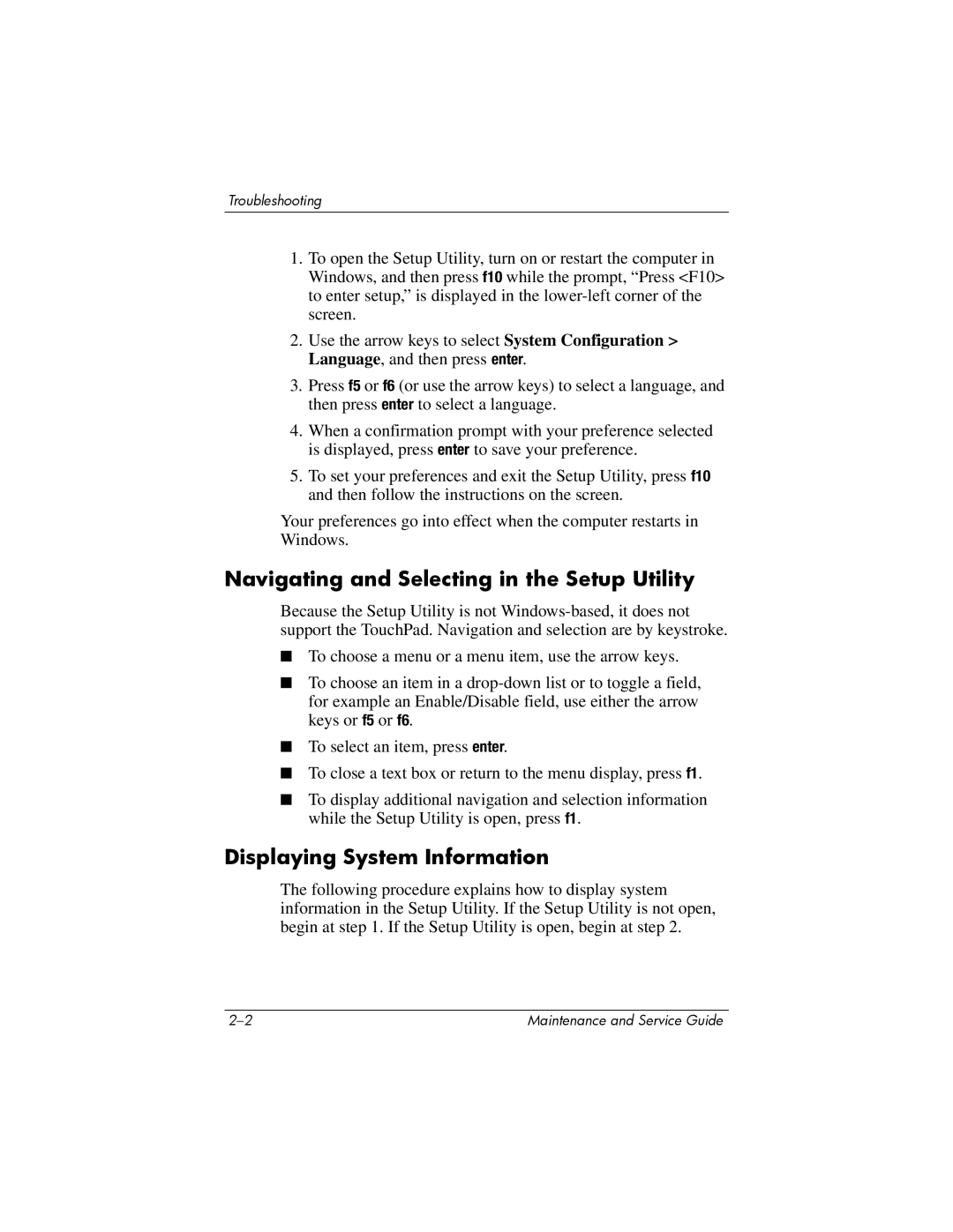 Compaq V6000 manual Navigating and Selecting in the Setup Utility, Displaying System Information 