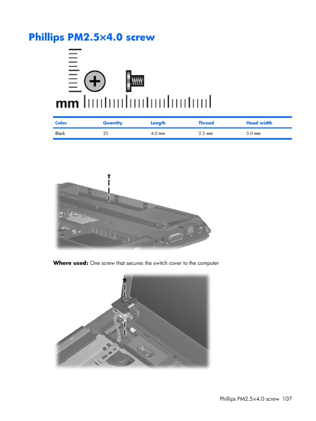 Compaq V6500, V6600 manual Phillips PM2.5×4.0 screw, Color Quantity Length Thread Head width Black 
