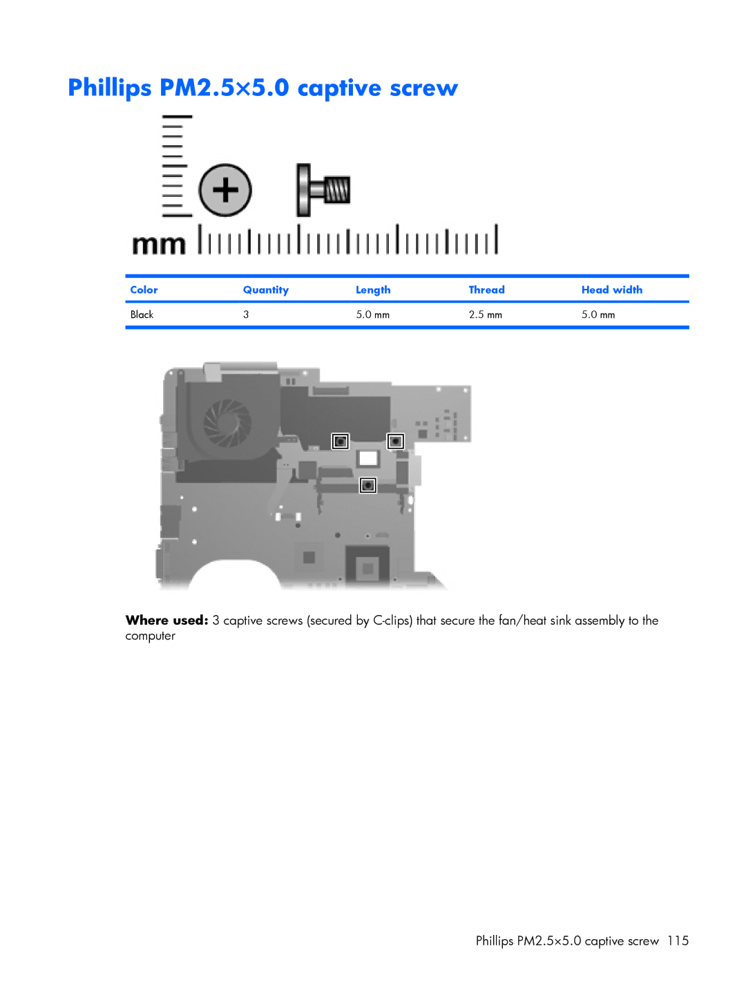 Compaq V6500, V6600 manual Phillips PM2.5×5.0 captive screw, Color Quantity Length Thread Head width Black 