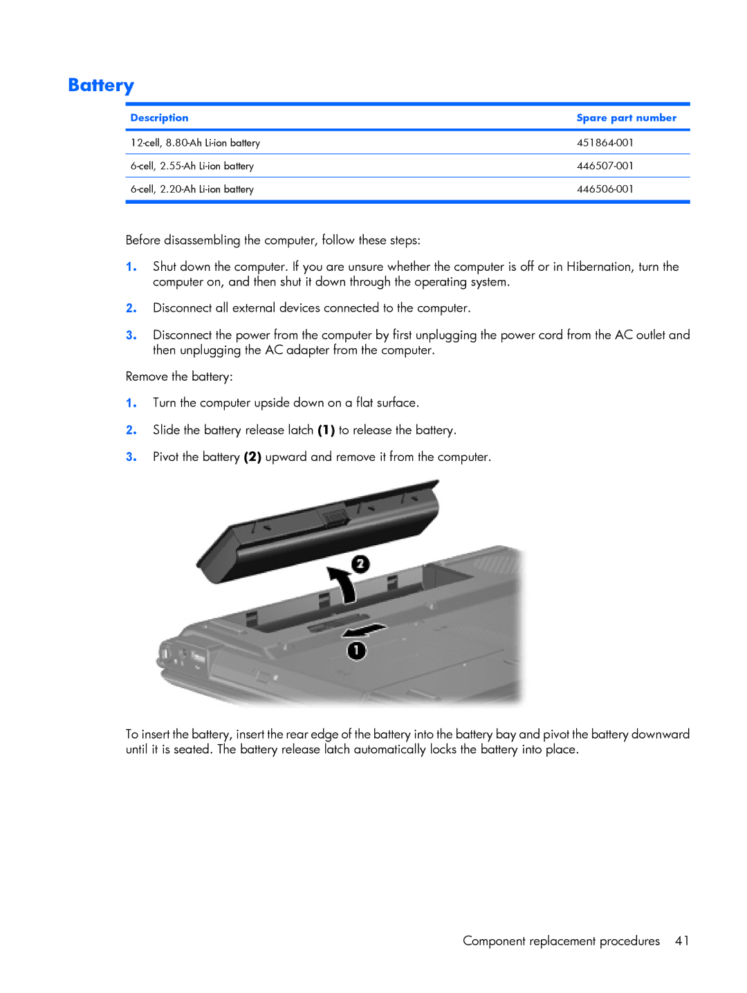 Compaq V6500, V6600 manual Battery, Description Spare part number 