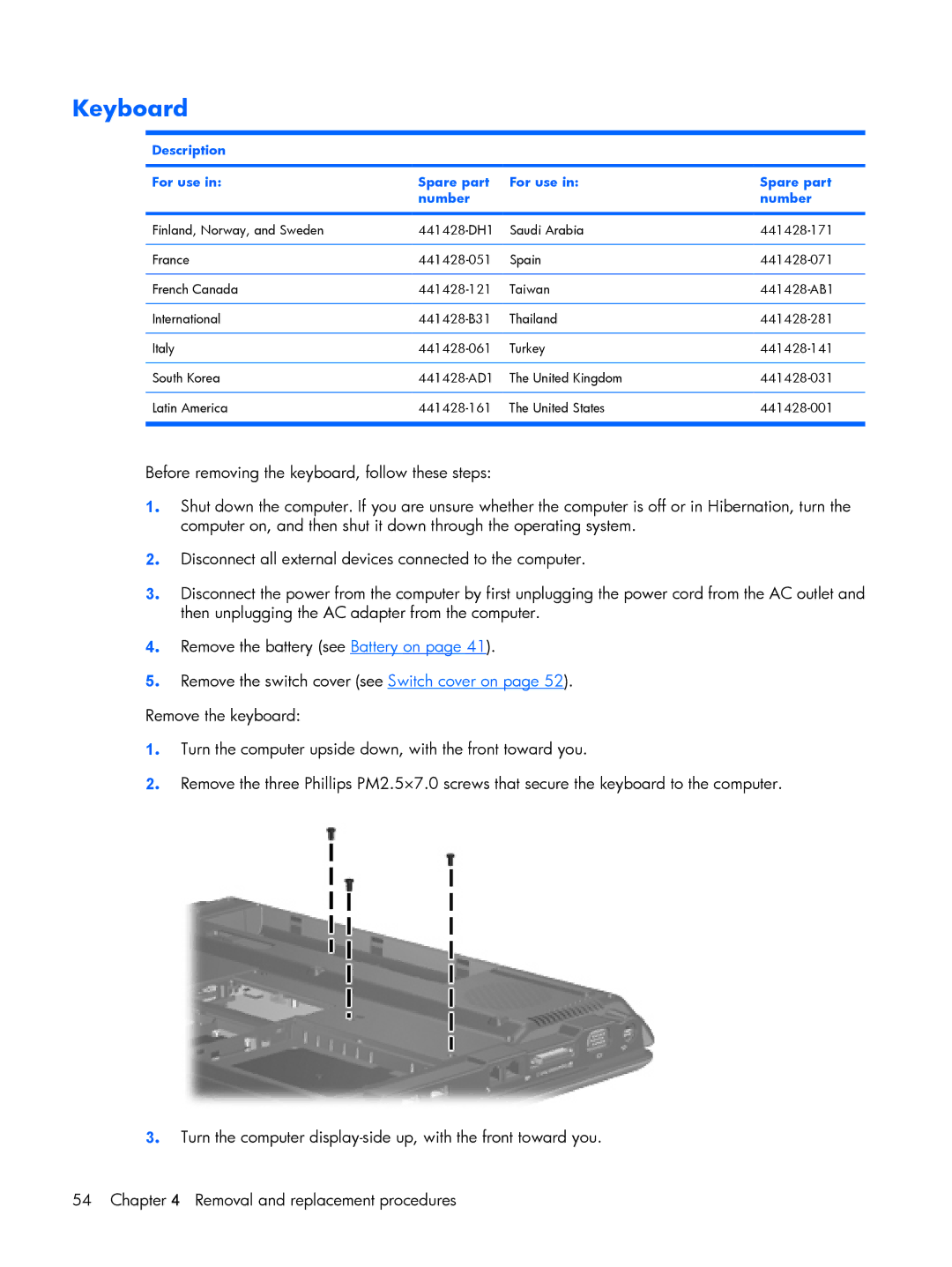 Compaq V6600, V6500 manual Keyboard, Description For use Spare part Number 