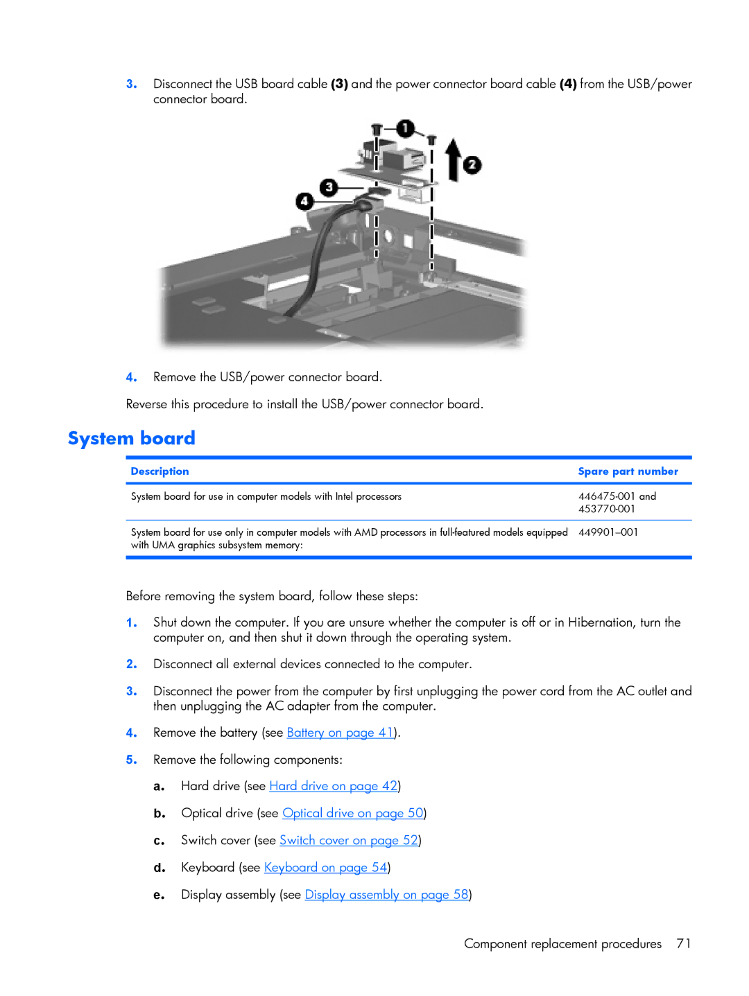 Compaq V6500, V6600 manual System board, Description Spare part number 