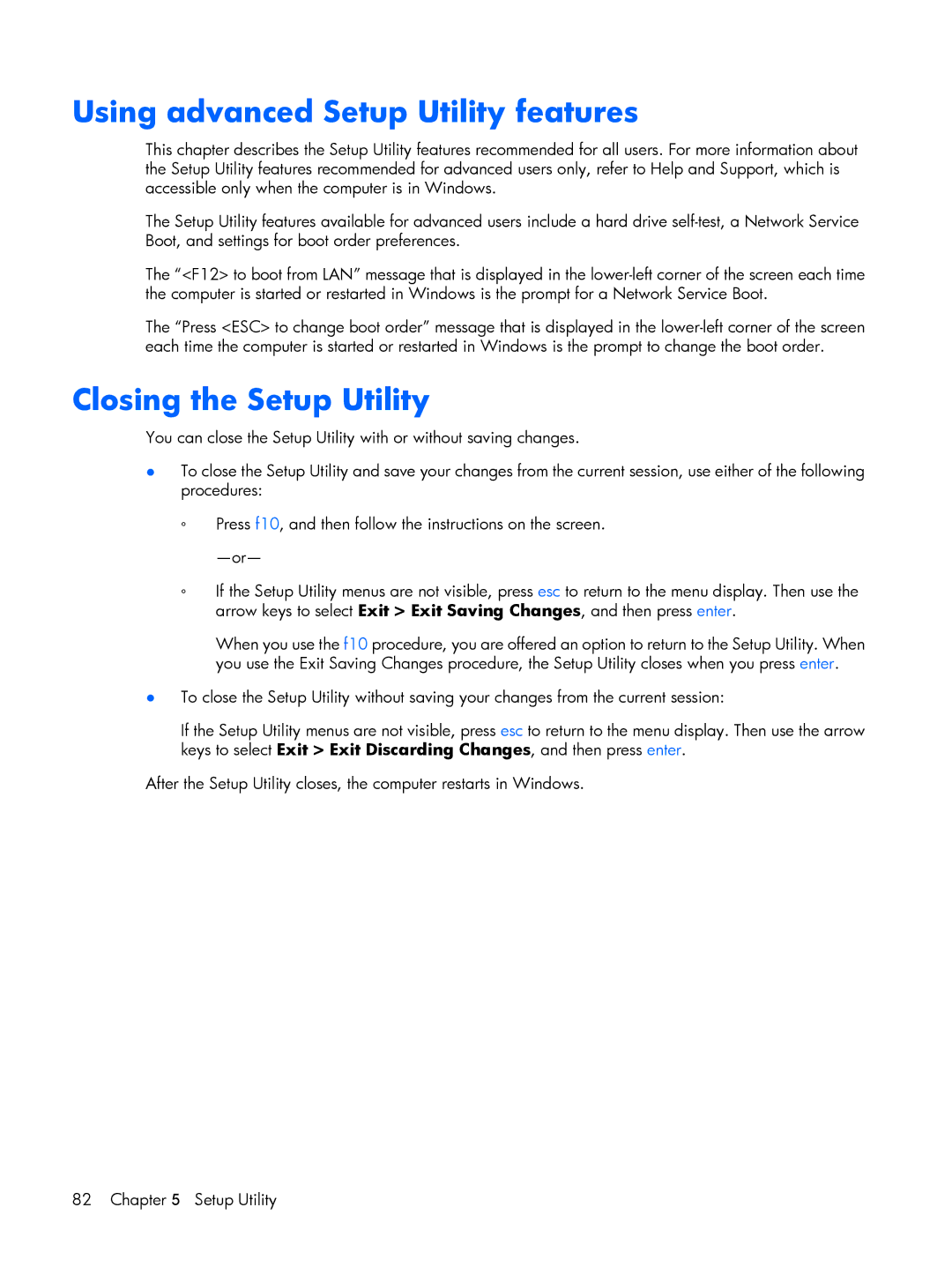 Compaq V6600, V6500 manual Using advanced Setup Utility features, Closing the Setup Utility 