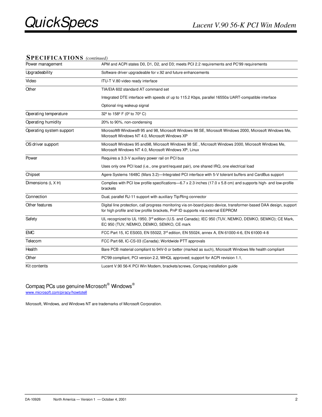 Compaq V.90 Power management, Upgradeability, Video, Other, Operating temperature, Operating humidity, OS driver support 