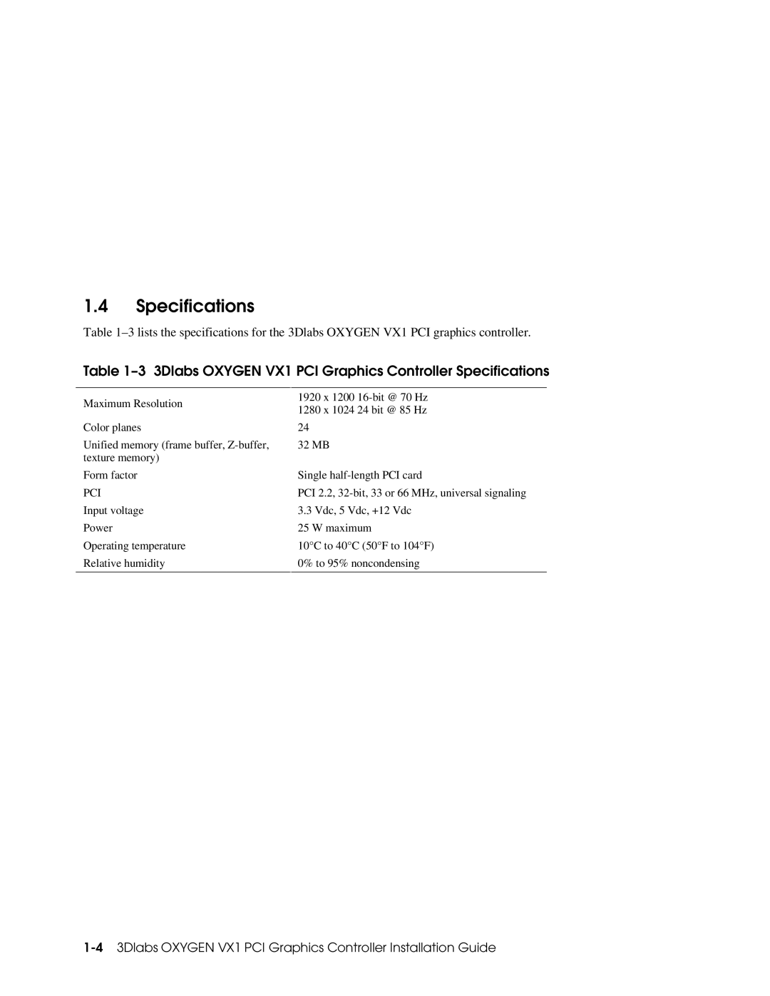 Compaq manual 3Dlabs Oxygen VX1 PCI Graphics Controller Specifications 