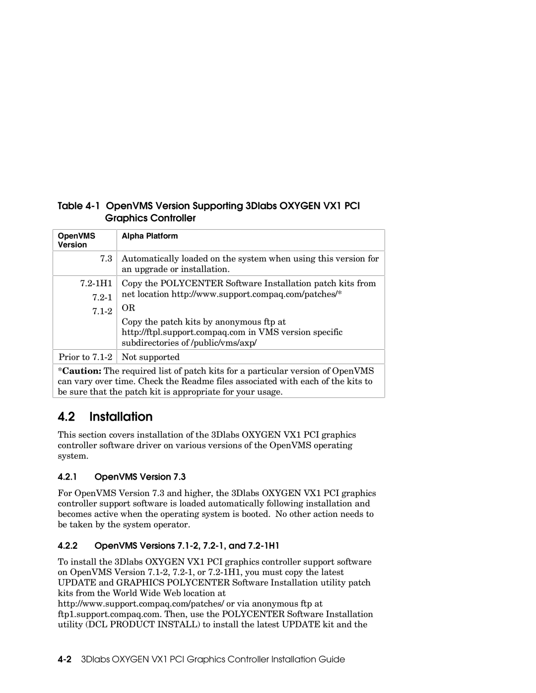 Compaq VX1 manual Installation, OpenVMS Version 