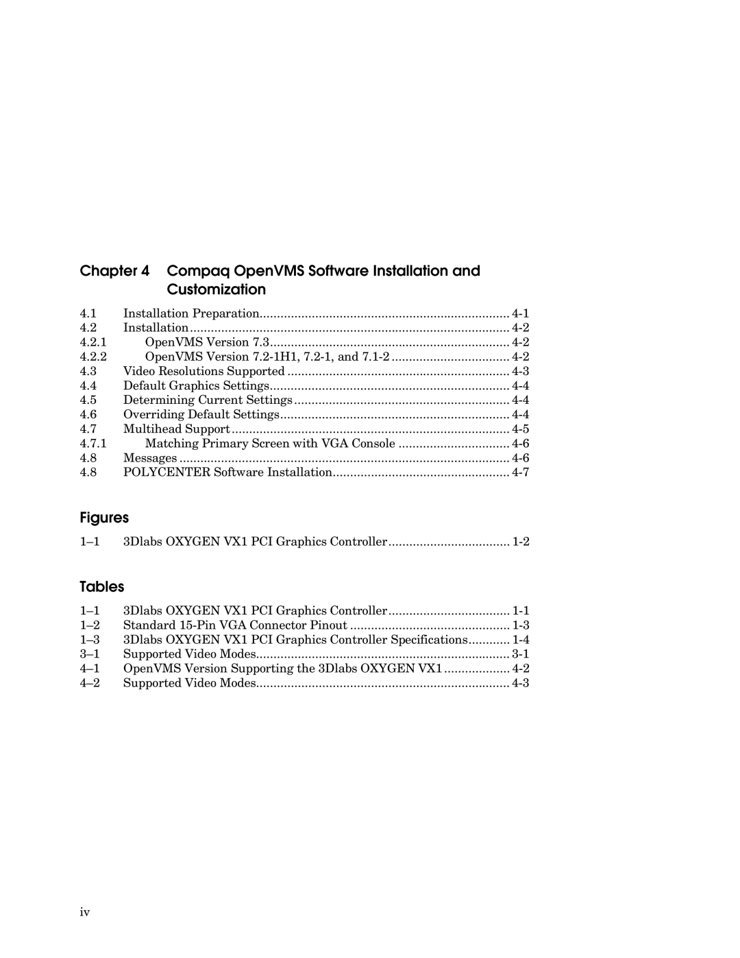 Compaq VX1 manual Compaq OpenVMS Software Installation and Customization, Tables 