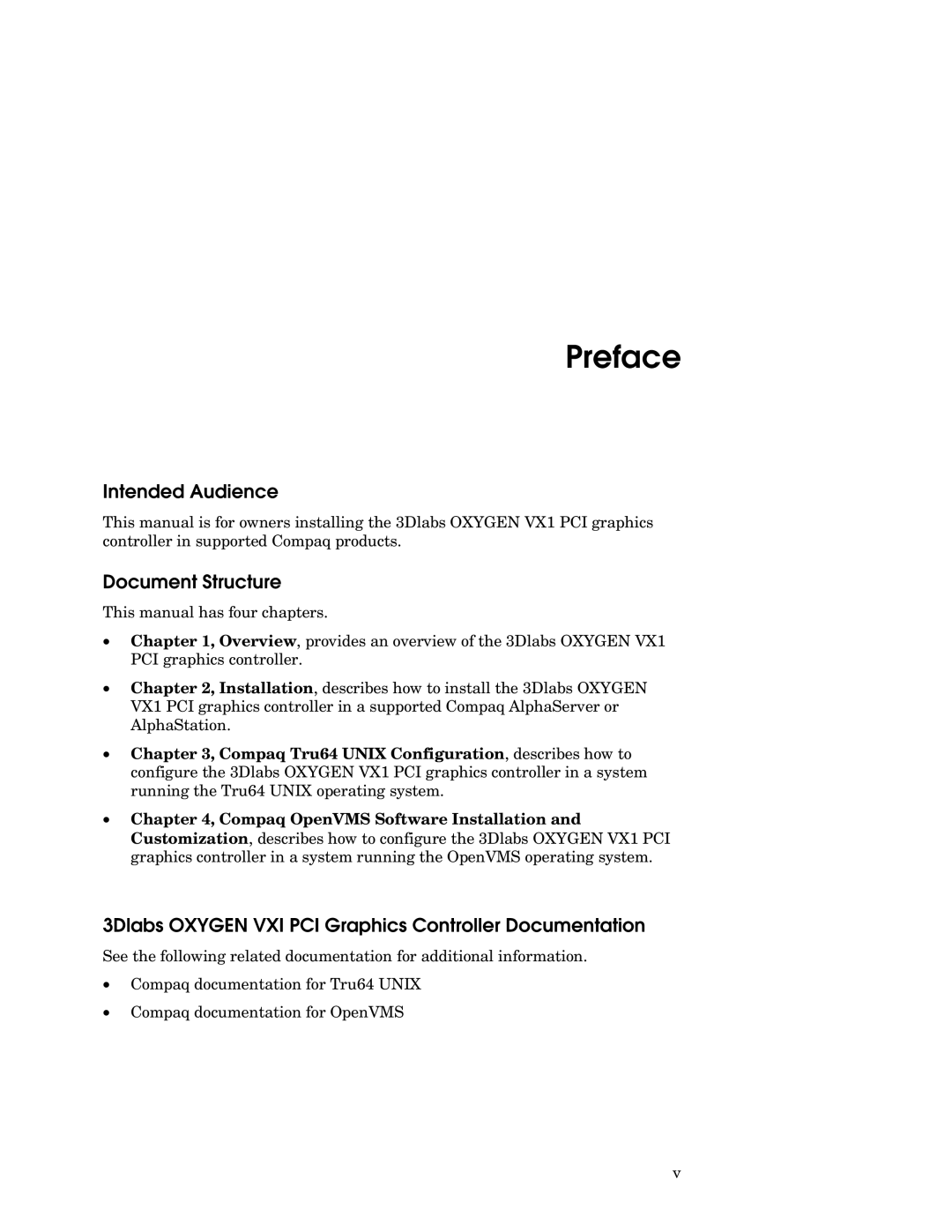 Compaq VX1 manual Preface, Intended Audience, Document Structure, 3Dlabs Oxygen VXI PCI Graphics Controller Documentation 