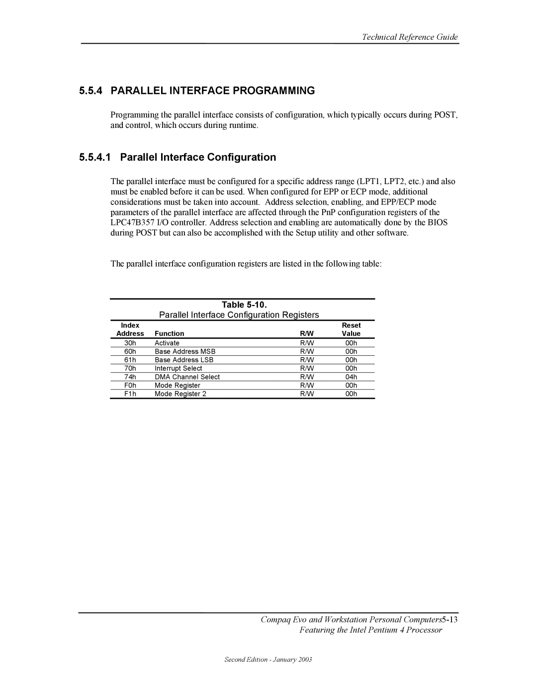 Compaq W4000 manual Parallel Interface Programming, Parallel Interface Configuration Registers 